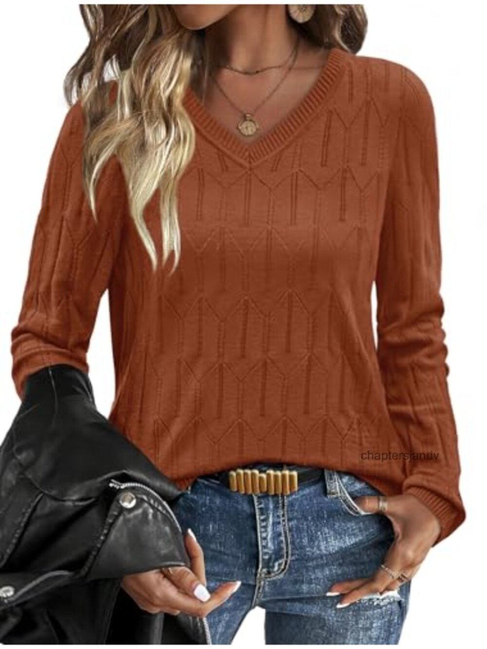 Soft Knit V-Neck Long Sleeve Pullover Sweater Textured Casual Office Top